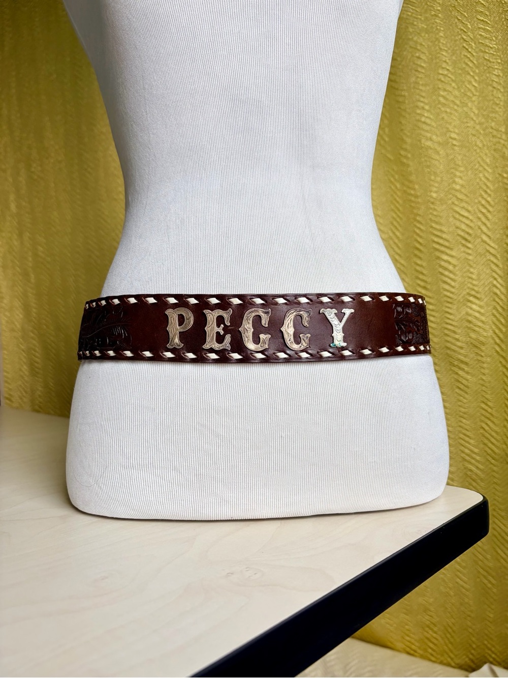 Vintage Brown Leather Name Belt with Silver Lettering - PEGGY